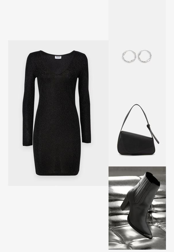 Schwarzes langärmeliges Kleid mit V-Ausschnitt, das ein strukturiertes Muster und eine körpernahe Form aufweist. Hergestellt aus einem dehnbaren, leichten Material.; Schwarze Leder-Ankle-Boots mit einem hohen Absatz, die vertikale Nähte und einen glänzenden silbernen Akzent auf der Zehe aufweisen, vor einem metallischen Hintergrund.; Schwarze Lederhandtasche mit dreieckiger Form, schrägem Klappdeckel und rundem Oberhandgriff. Verfügt über eine glatte Textur und minimalistische Designdetails.; Silberne Creolen mit einer welligen, unregelmäßigen Textur. Besitzen eine dünne, kreisförmige Form und eine reflektierende Oberfläche.