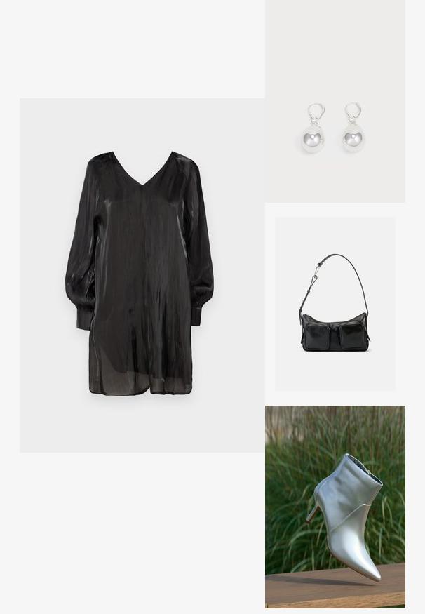 Blusa negra transparente con escote en V, mangas largas abullonadas y un corte holgado. Presenta una textura suave y un diseño ligero y fluido.; Botín de tacón alto en plata brillante con punta afilada y cremallera, equilibrado sobre una superficie de madera frente a un fondo de hierba verde.; Bolso de hombro de cuero negro con correa ajustable y dos grandes bolsillos frontales con cremallera sobre un fondo claro y sencillo.; Pendientes de plata en forma de gota con superficies redondas y reflectantes colgando de cierres de palanca. El fondo es blanco liso.