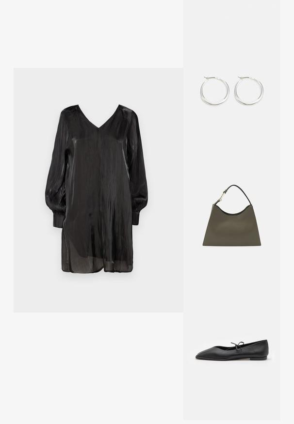Blusa negra transparente con escote en V, mangas largas abullonadas y un corte holgado. Presenta una textura suave y un diseño ligero y fluido.; ALOHAS SWAY - Bailarinas - black; Bolso de mano verde oliva con un acabado suave, un borde superior redondeado y un único asa negra. Presenta un diseño minimalista y una base triangular.; Los pendientes de aro de plata presentan un diseño suave y redondeado con un perfil delgado y un cierre seguro. Estilo minimalista con un acabado pulido.