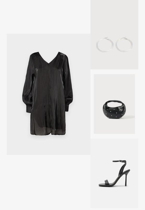 Zwarte, doorzichtige blouse met een V-hals, lange pofmouwen en een relaxte pasvorm. Heeft een gladde textuur en een lichtgewicht, vloeiende uitstraling.; Zwarte hoge hakken sandaal met een slanke enkelband en twee voorste banden. Gemaakt van soepel leer met een slanke puntneus en een stiletteloze hak.; Zwarte leren handtas met een afgeronde vorm, versierd met zilveren studs, en een korte handgreep. Gladde textuur en ritsluiting.; Een paar glanzende zilveren oorringen met dunne draadafsluitingen, getoond op een lichtgrijze achtergrond.