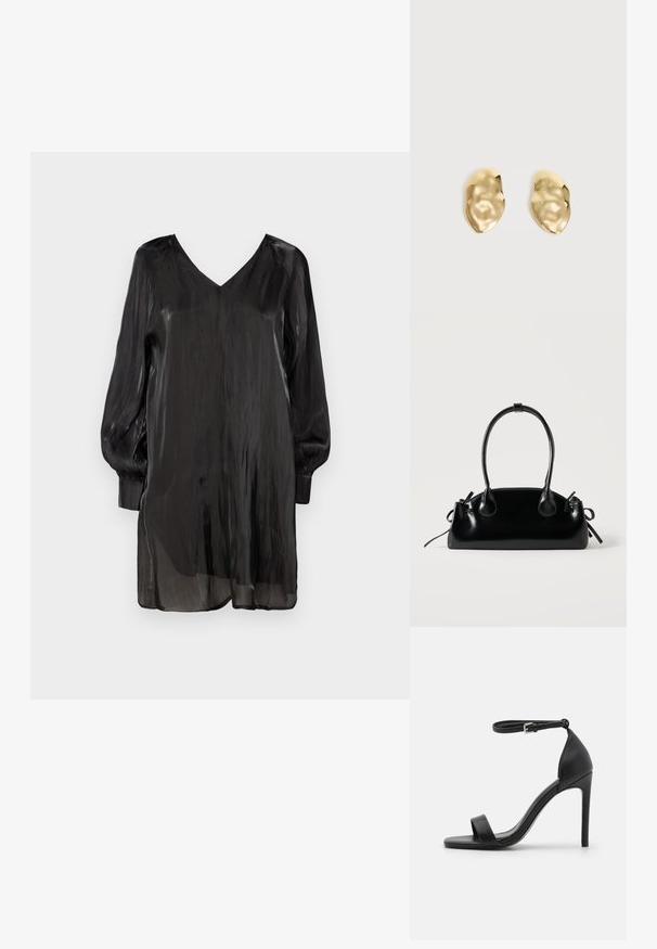 Zwarte, doorzichtige blouse met een V-hals, lange pofmouwen en een relaxte pasvorm. Heeft een gladde textuur en een lichtgewicht, vloeiende uitstraling.; Zwarte sandalen met hoge hakken, met een slank ontwerp, voorzien van een enkelbandje, open teen en een gladde leren textuur.; Kleine zwarte glanzende handtas met twee lange hengsels en zijkant trekkoord details op een effen lichte achtergrond.; Een paar glanzende, onregelmatig gevormde gouden metalen oorbellen met een gekreukeld, glad oppervlak op een effen lichte achtergrond.