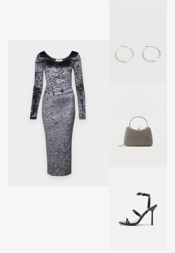Samtbluse mit langen Ärmeln in Dunkelgrau, figurbetontem Schnitt und welliger Textur, mit Rundhalsausschnitt und knie-langer Saum.; Schwarze Lackleder-High-Heel-Sandalen mit drei horizontalen Riemen und einem verstellbaren Knöchelriemen. Schlanke Silhouette und glänzende Oberfläche.; Kleine Handtasche mit silbernem Gittermuster, gebogenem Griff, großem Perlenverschluss und einem dünnen silbernen Kettenriemen auf schlichtem Hintergrund.; Silberne Metallcreolen mit glatter, leicht gebogener Oberfläche und Klappverschluss vor schlicht weißem Hintergrund.