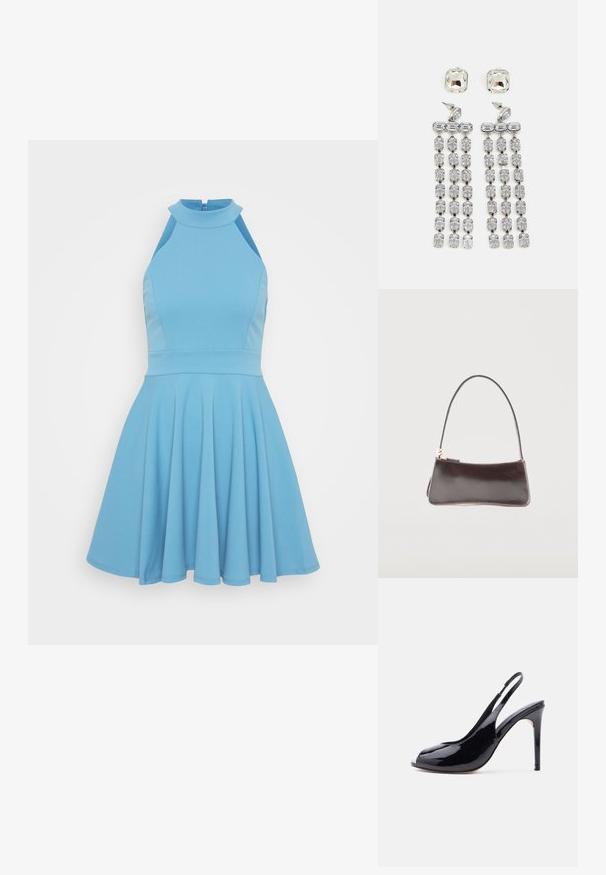 Himmelblaues ärmelloses Kleid mit hohem Ausschnitt, tailliertem Oberteil und weitem Rock. Hergestellt aus glattem Stoff mit einem plissierten Design.; Schwarzer Slingback High Heel Schuh aus Lackleder mit Peeptoe und Stiletto-Absatz vor weißem Hintergrund.; Kleine rechteckige dunkelbraune Lederhandtasche mit einem einzelnen Riemen und goldfarbenem Reißverschluss.; Kristall-Ohrringe mit silberfarbener Hardware, die einen quadratischen Stecker und kaskadierende Reihen von rechteckigen und achteckigen Kristallen aufweisen.