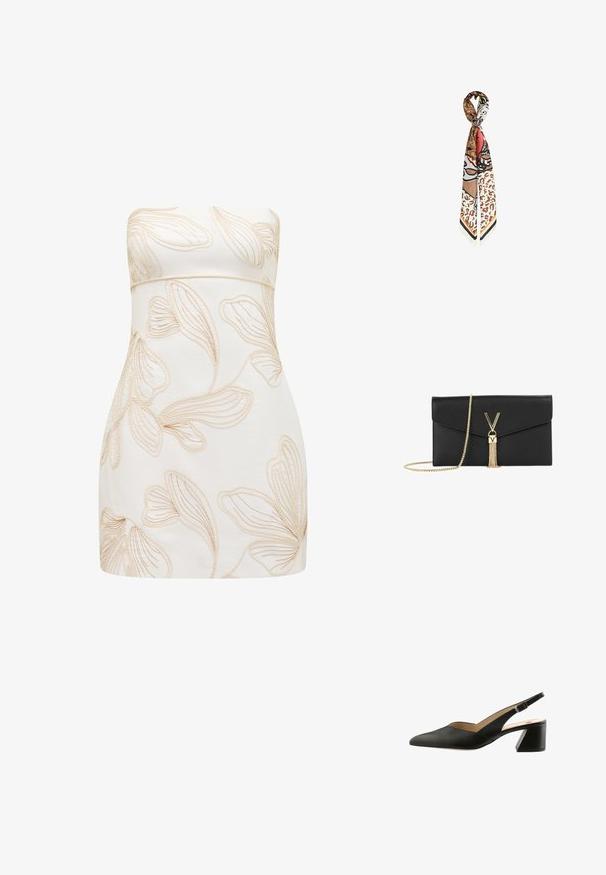 Vestido sin tirantes en crema con patrones florales en relieve en beis claro. Diseño ajustado, textura suave, corte a la altura de la rodilla y sin cierres visibles.; Zapato de tacón destalonado de cuero negro con punta picuda, tacón bloque angular y una correa estrecha. Textura lisa y diseño minimalista.; Pañuelo de seda con patrones abstractos de animales y flores en marrón, beige, blanco y negro, asegurado con un anillo plateado en forma de corazón.; Clutch de cuero negro con cierre en forma de V dorado y borla, con una delgada correa de cadena dorada.