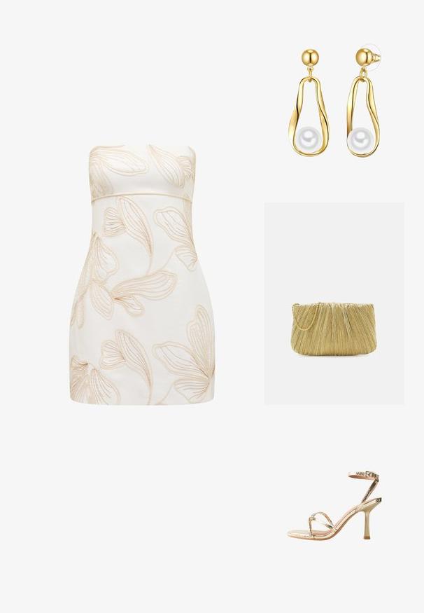 Strapless jurk in crèmekleur met reliëf bloemenpatronen in lichtbeige. Getailleerd ontwerp, gladde textuur, knielange snit en geen zichtbare sluitingen.; Gouden metallic hoge hak sandaal met een slanke enkelband en gekruiste voorbanden. Gladde textuur en dunne stiletto hak ontwerp.; Loeffler Randall BRIT PLEATED FLAT - Clutch - gold-coloured; Gouden drop oorbellen met een langwerpig peervormig ontwerp, waarbij een gladde witte parel onderaan hangt. Inclusief een bolvormige stud aan de bovenkant.
