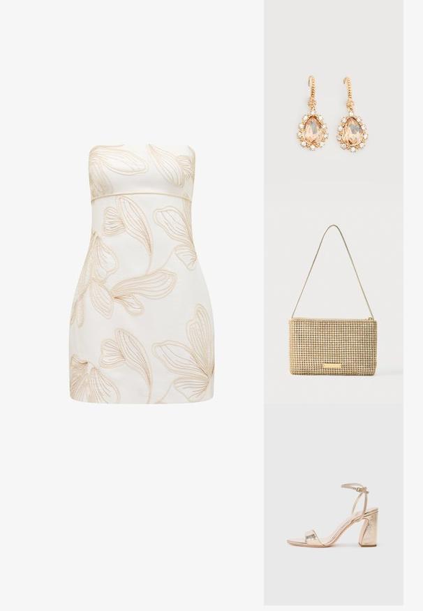 Strapless kjole i creme med præget blomsterdesign i lys beige. Tætsiddende design, glat tekstur, knælængde klip, og ingen synlige lukninger.; Guldmetal højhælede sandaler har et bredt spænd over tæerne, justerbar ankelrem og en tekstureret blokhælc.; Guldfarvet clutchtaske med rektangulært design, dækket af skinnende, sølvfarvede rhinsten. Har en tynd metallisk skulderrem og lynlåslukning.; Guld øreringe med kroge med store pæreformede ferskensten omgivet af små klare krystaller på en ensfarvet hvid baggrund.