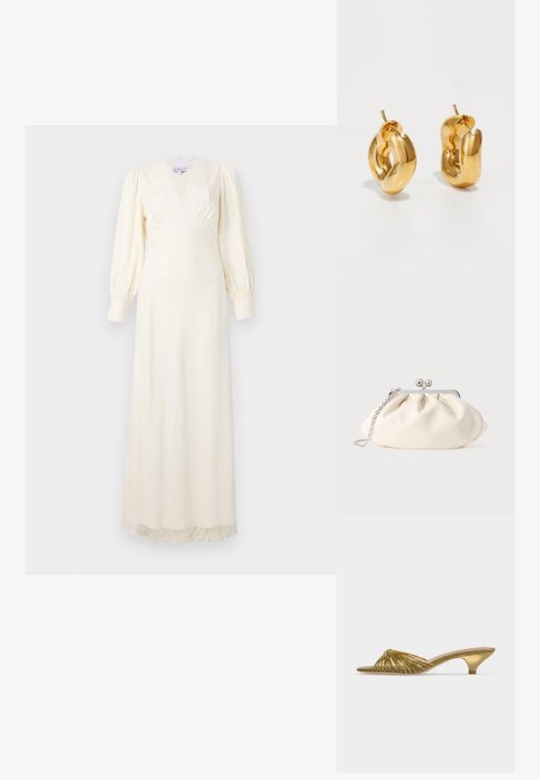 Langes kremfarbenes Kleid mit tiefem V-Ausschnitt, Puffärmeln und Spitzenbesatz am Saum. Glattes Material mit tailliertem Oberteil und fließendem Rock.; Goldfarbener offener Mule-Schuh mit niedrigem Kittenabsatz und geknotetem Design auf weißem Hintergrund.; Cremefarbene Stoff-Clutch mit gerafftem Design, silbernem Metallrahmen, zwei dekorativen Kugeln und einem silbernen Kettenriemen.; Fette goldene Creolen mit einem leicht verdrehten, röhrenförmigen Design und Steckverschlüssen auf einem weißen Hintergrund.