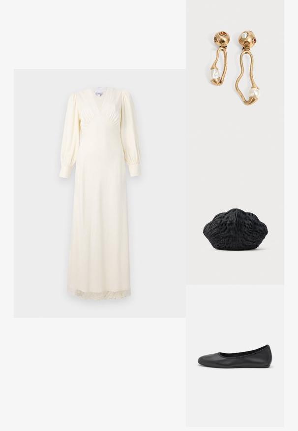 Lange crème jurk met een diepe V-hals, pofmouwen en kant trim aan de zoom. Gladde stof met een getailleerde lijfje en een vloeiende rok.; Zwarte leren ballerina met een ronde neus, gladde textuur, minimale stikdetails en een flexibele zoolontwerp.; Zwarte gevlochten handtas in de vorm van een sint-jakobsschelp met een gebogen bovenkant en een geweven textuur op een effen achtergrond.; Goudkleurige oorbellen met onregelmatige open vormen, elk met een parel aan de onderkant en edelsteendetails op de ronde stekers.