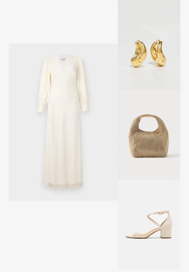 Langes kremfarbenes Kleid mit tiefem V-Ausschnitt, Puffärmeln und Spitzenbesatz am Saum. Glattes Material mit tailliertem Oberteil und fließendem Rock.; Beige Blockabsatzsandalen mit einem minimalistischen Design, offener Zehenpartie und verstellbarem Knöchelriemen mit einer goldenen Schnallenakzentuierung. Glatte Textur.; Kleine Handtasche in Gold-Ton, bedeckt mit glänzenden runden Nieten, mit kurzem Griff und rechteckigem Ausschnitt oben.; Goldene Creolen mit einer glatten, geschwungenen Form und polierter Oberfläche. Mit einem Verschlussmechanismus und leichten Einkerbungen für Details.