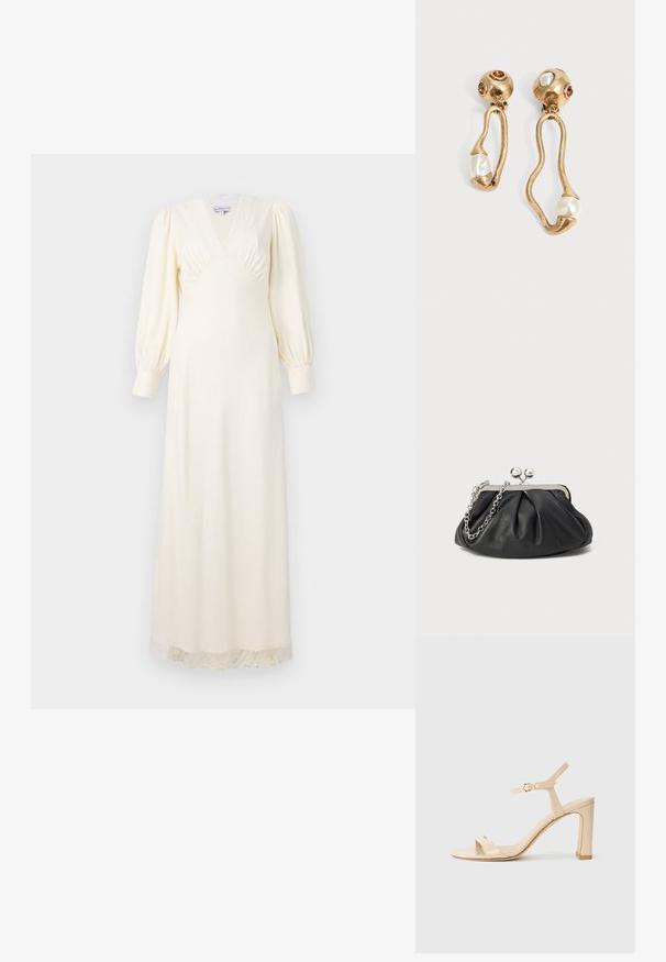 Langes kremfarbenes Kleid mit tiefem V-Ausschnitt, Puffärmeln und Spitzenbesatz am Saum. Glattes Material mit tailliertem Oberteil und fließendem Rock.; Beige High-Heel-Sandale mit Knöchelriemen und goldener Schnalle, offene Zehen und Blockabsatz auf weißem Hintergrund.; Schwarze Leder-Clutch mit geraffter Textur, silberfarbener Metallrahmen, Druckverschluss und Kettenriemen. Glatte, weiche Oberfläche.; Ohrringe in Goldton mit unregelmäßigen offenen Formen, jeweils mit einer Perle am unteren Ende und Edelsteindetails an den runden Steckern.