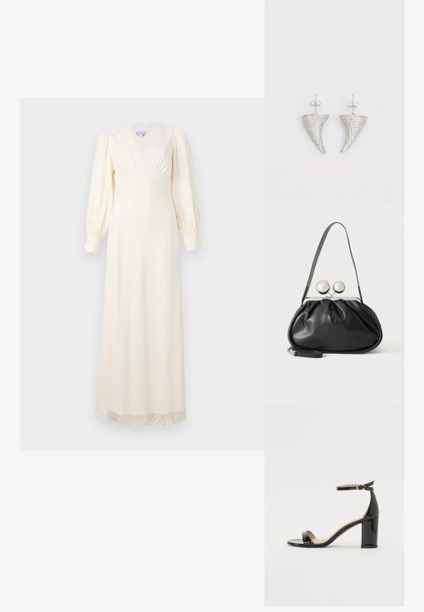 Langes kremfarbenes Kleid mit tiefem V-Ausschnitt, Puffärmeln und Spitzenbesatz am Saum. Glattes Material mit tailliertem Oberteil und fließendem Rock.; Schwarze Lackleder-Sandalette mit hohem Absatz, Knöchelriemen und goldener Schnalle, offenem Zehenbereich und Blockabsatz auf weißem Hintergrund.; Schwarze Ledertasche mit gerafftem Design, einem einzelnen Riemen, silbernem Metallrahmen und zwei großen runden silbernen Verschlüssen.; Silberne, hornförmige Ohrringe, besetzt mit kleinen klaren Steinen, mit einem Steckverschluss zur Befestigung. Glatte Textur und metallisches Finish.