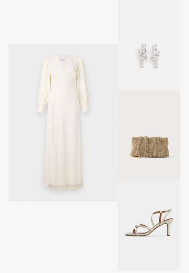 Lange crème jurk met een diepe V-hals, pofmouwen en kant trim aan de zoom. Gladde stof met een getailleerde lijfje en een vloeiende rok.; Beige hoge hak sandal met dunne bandjes die over de voet kruisen en een kleine gouden decoratieve bol vlak bij de teengebied.; Kleine gouden mesh clutch met een geplooid ontwerp en een deels zichtbare gouden kettingriem op een effen witte achtergrond.; Zilverkleurige oorbellen met meerdere heldere, sprankelende edelstenen in verschillende vormen, waaronder peervormige en ronde slijpvormen, gerangschikt in een decoratief patroon.