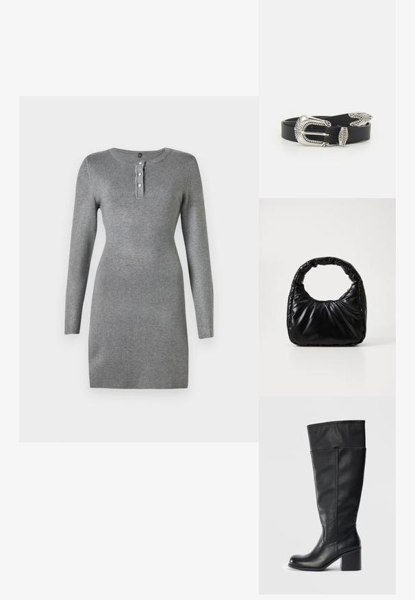 Robe grise à manches longues avec une forme ajustée, un col rond et une patte de boutonnage à trois boutons. Tissu texturé avec une finition lisse.; Bottes en cuir noir jusqu'au genou avec un talon carré, texture lisse et détails de couture sur les côtés. Design simple et moderne.; Sac à main noir rembourré avec une poignée arrondie, présentant une surface lisse et brillante ainsi qu'une texture douce et matelassée. Pas de quincaillerie ou d'accents visibles.; Ceinture en cuir noir avec une grande boucle en métal argenté dotée de détails complexes et d'accents décoratifs à chaque extrémité.