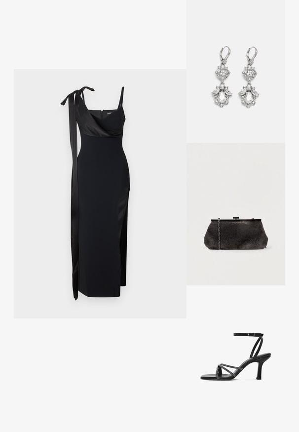 Zwarte jurk met een getailleerd ontwerp, satijnen accenten en een zijsplit. Voorzien van dunne bandjes en een flatterende gedrapeerde halslijn met een strikdetail.; Zwarte hoge hak sandaal met dunne bandjes van strass die over de tenen kruisen en een smalle enkelband met gespsluiting.; Zwarte mesh clutchbag met een gestructureerde silhouette, versierd met kleine metalen studs, heeft een sluiting met een klapmechanisme en een afneembare kettingriem.; Zilverkleurige oorbellen met meerdere heldere kristalgesteenten in druppel- en marquisevormen, met sluitingen met een leversysteem en ingewikkelde details.
