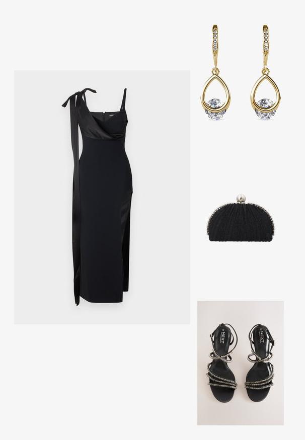 Robe noire avec un design ajusté, des accents en satin et une fente sur le côté. Présente des fines bretelles et un décolleté drapé flatteur avec un détail à nouer.; Sandales noires à brides avec accents métalliques. Dotées d'une semelle intérieure à texture lisse et de plusieurs brides ornées créant un effet superposé.; Pochette de soirée noire en tissu texturé, encadrée par une rangée de petites perles, avec un grand fermoir en perle sur le dessus.; Boucles d'oreilles en or en forme de goutte avec des pierres précieuses rondes et transparentes à la base. Section supérieure texturée avec de petits accents ronds le long de l'anneau.