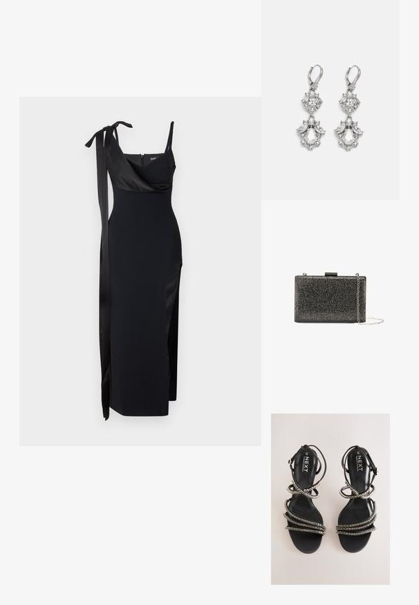 Zwarte jurk met een getailleerd ontwerp, satijnen accenten en een zijsplit. Voorzien van dunne bandjes en een flatterende gedrapeerde halslijn met een strikdetail.; Zwarte sandalen met bandjes en metalen accenten. Voorzien van een gladde, gestructureerde voetbed en meerdere versierde bandjes die een gelaagde uitstraling creëren.; Rechthoekige clutch tas met een zwarte gestructureerde oppervlakte, versierd met metalen accenten en een afneembare zilveren schouderband.; Zilverkleurige oorbellen met meerdere heldere kristalgesteenten in druppel- en marquisevormen, met sluitingen met een leversysteem en ingewikkelde details.