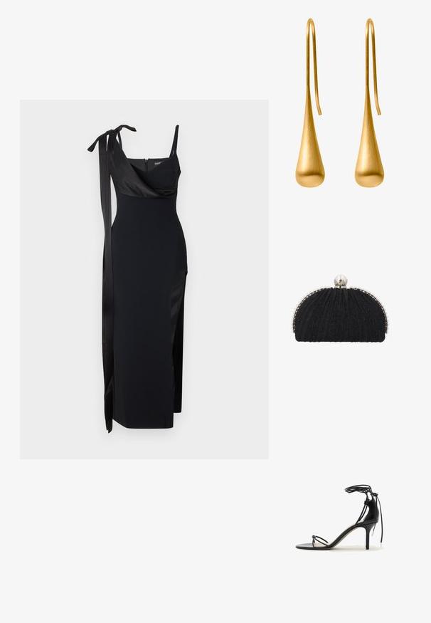 Zwarte jurk met een getailleerd ontwerp, satijnen accenten en een zijsplit. Voorzien van dunne bandjes en een flatterende gedrapeerde halslijn met een strikdetail.; Zwarte sandalen met hoge hak en dunne bandjes, enkelwikkel en een hak van gemiddelde hoogte op een witte achtergrond.; Zwarte avondclutch met gestructureerde stof, omlijst door een rij kleine parels en een grote parelsluiting bovenop.; Gouden druppelogen in een slank, langwerpig druppelvorm met een geborstelde afwerking en draad haken voor gemakkelijk dragen.