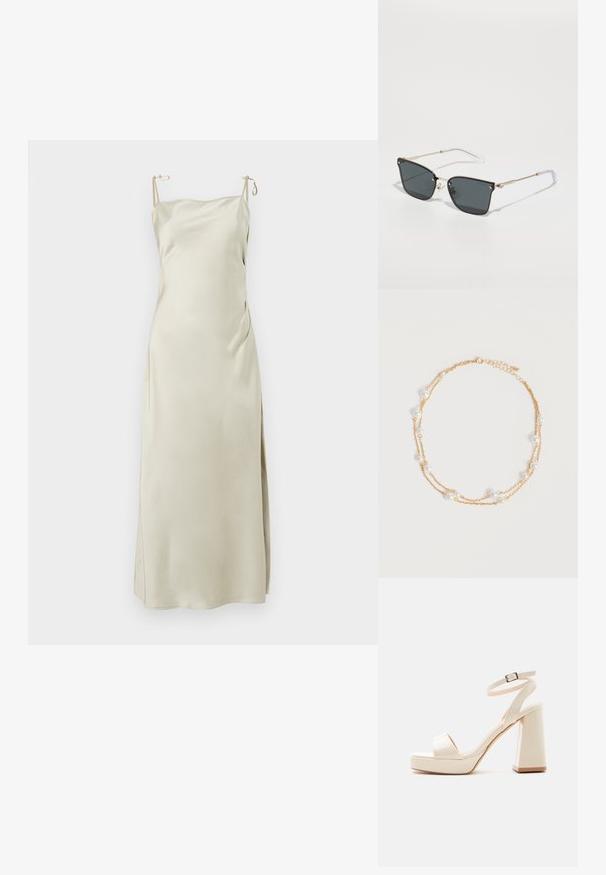 Robe glissante en satin de couleur beige clair, dotée de bretelles réglables, d'un décolleté droit et d'une fente sur le côté pour plus de confort et de liberté de mouvement.; Sandale à plateforme beige avec talon bloc épais, bout ouvert et bride de cheville avec boucle métallique sur fond blanc.; Lunettes de soleil noires avec une forme géométrique, monture en métal doré et embouts de branches transparents. Présente des accents en cristal près des charnières.; Collier délicat à double chaîne en or avec de petites perles blanches espacées régulièrement sur un fond clair uni.