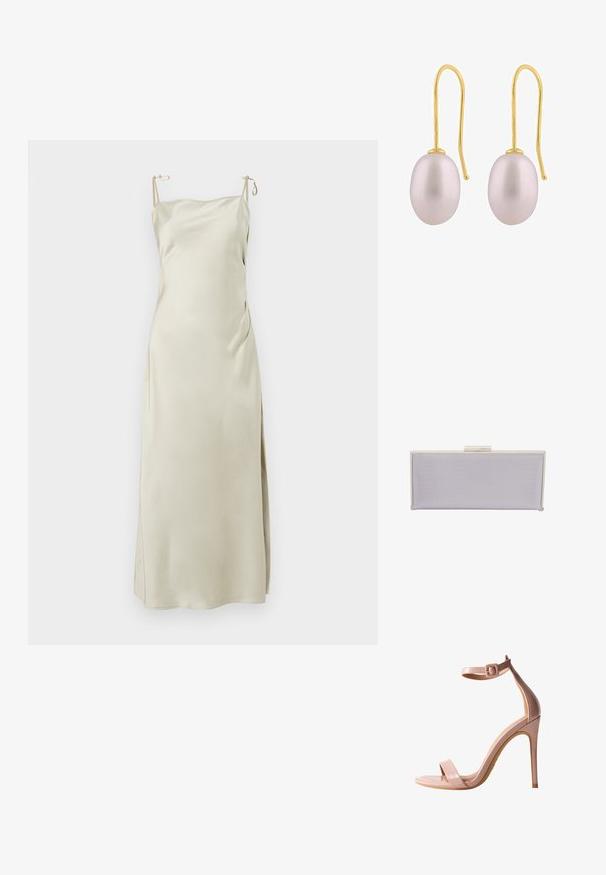 Vestido de satén en beige claro, con tirantes ajustables, escote recto y una abertura lateral para mayor comodidad y movimiento.; Sandalia de tacón alto de charol nude con tira en el tobillo, punta abierta y tacón stiletto slim. Textura suave y características de diseño minimalista.; Clutch rectangular de lavanda hecho de material texturizado con bordes lisos. Presenta un cierre de clasp plateado en la parte superior.; Pendientes de gancho en tono dorado con perlas lisas de forma ovalada en color lavanda, con un brillo suave y un diseño minimalista.