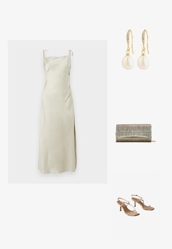 Vestido de satén en beige claro, con tirantes ajustables, escote recto y una abertura lateral para mayor comodidad y movimiento.; Sandalias de tacón alto nude con diseño de punta cuadrada, que presentan tiras delgadas, una correa ajustable en el tobillo y un tacón esbelto de 3 pulgadas.; Bolso de mano rectangular con una superficie metálica texturizada, que presenta una combinación de colores en plata y oro y una correa de cadena para llevar.; Pendientes en tono dorado con un gancho texturizado, adornados con pequeños cristales y resaltando dos perlas irregulares y brillantes.