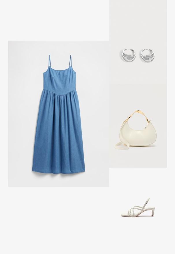 Robe en denim avec bretelles spaghetti, silhouette trapèze et taille froncée, présentant une couleur bleu clair unie et une texture douce.; Zign by Zalando Escarpins - off white; Sac à main crème en forme de croissant avec poignée courte brillante dorée et bandoulière longue assortie sur un fond clair uni.; Paire de boucles d'oreilles anneaux en argent poli avec un design de barre incurvée superposée sur un fond clair uni.