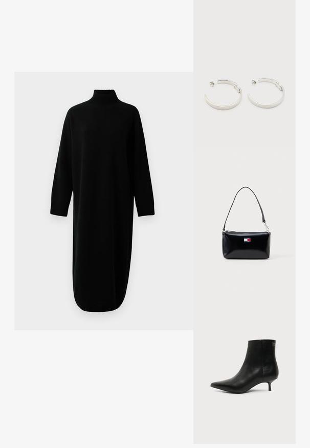 Robe midi tricot à col roulé noir à manches longues, avec des poignets et un ourlet côtelés, présentée sur un fond blanc uni.; Bottine en cuir noir avec bout pointu et petit talon kitten sur fond clair, vue côté extérieur.; Boucles d'oreilles demi-cercles ton argent avec texture striée et fermoirs à pression sur fond blanc.; Sac à bandoulière rectangulaire noir avec une courte sangle et le logo Tommy Jeans en rouge, blanc et bleu au centre avant.