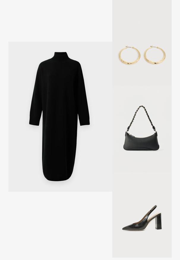 Robe midi tricot à col roulé noir à manches longues, avec des poignets et un ourlet côtelés, présentée sur un fond blanc uni.; Chaussure slingback en cuir noir à bout pointu avec un talon bloc haut et une doublure intérieure beige sur un fond clair uni.; Sac à bandoulière en cuir noir de forme rectangulaire incurvée, avec une chaîne dorée tissée dans la bandoulière noire tressée et une fermeture éclair sur le dessus.; Paire de boucles d’oreilles créoles en or poli avec des tiges fines et des fermoirs à charnière, présentées sur un fond gris clair uni.