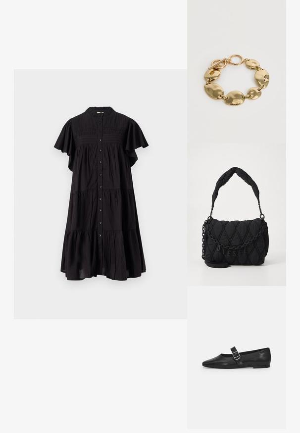 Schwarzes Kleid mit Knopfleiste, Rüschensäumen, gestuftem Design und strukturiertem Oberteil. Hergestellt aus leichtem Stoff.; Schwarzer Lederflatschuh mit runder Zehenform, einem verstellbaren Schnallenriemen und einer glatten, glänzenden Oberfläche. Minimalistisches Design mit einem niedrigen Absatz.; Gepolsterte schwarze Handtasche mit einem gesteppte Design, Kettenriemen und geprägt Logo. Verfügt über eine glatte Textur und ein Rautenmuster.; Goldfarbiges, massives Armband mit abwechselnd großen und kleinen unregelmäßigen ovalen Gliedern und einem Knebelverschluss auf weißem Hintergrund.