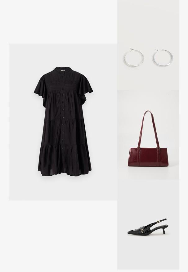 Musta mekko, jossa on napitus edessä, röyhelöhulstat, kerroksellinen muotoilu ja teksturoitu vartalo. Valmistettu kevyestä kankaasta.; Mustat kiiltonahkaiset slingback-korkokengät, joissa on kärkikärjet, krokotiilikuosi, kultaiset solkiyksityiskohdat ja matala korko.; Burgundin värinen käsilaukku, joka on valmistettu kiiltävästä materiaalista, suorakaiteen muotoinen, kahdella olkahihnalla ja hienovaraisilla kaarevilla aksentteilla edessä.; Hopeiset metalliset renkaskorvakorut, joissa on sileä, hieman kaareva pinta ja lukolliset takakiinnitykset yksinkertaisella valkoisella taustalla.