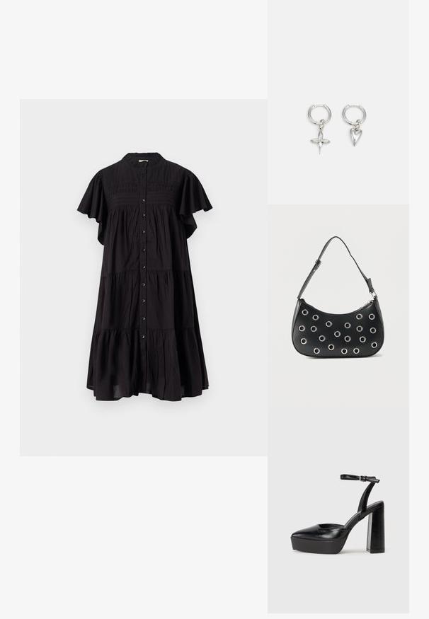 Schwarzes Kleid mit Knopfleiste, Rüschensäumen, gestuftem Design und strukturiertem Oberteil. Hergestellt aus leichtem Stoff.; Schwarze Plateau-High Heels mit spitzem Zeh und verstellbarem Knöchelriemen. Gefertigt aus glattem Leder und mit einem klobigen Blockabsatz.; Schwarze Lederschultertasche mit verstellbarem Riemen, ausgestattet mit silbernen Metallösenverzierungen und einem Reißverschluss an der Oberseite.; Silberne Creolen mit einem Kreuz- und Herz-Anhänger. Glatte, glänzende Textur mit polierter Oberfläche. Jeder Anhänger hängt an einem sicheren Ring.