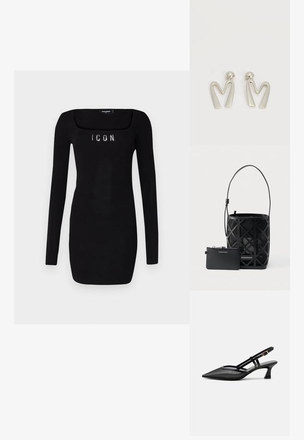 Zwart langoorig jurkje met een vierkante halslijn, voorzien van 'ICON' in rhinestones over de borst, gemaakt van een gladde, rekbare stof.; Zwarte slingbackschoen met puntige neus, mesh bovenwerk, dunne bandjes, gouden gesp en lage gebogen hak op witte achtergrond.; Zwarte handtas in emmerstijl met geometrisch uitsnijdingsontwerp en bijpassend klein zippertasje, beide van het merk Emporio Armani.; Paar zilverkleurige metalen oorbellen in de vorm van een hoekige letter M met afgeronde stekers op een witte achtergrond.
