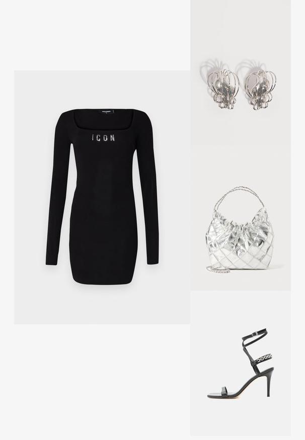 Zwart langoorig jurkje met een vierkante halslijn, voorzien van 'ICON' in rhinestones over de borst, gemaakt van een gladde, rekbare stof.; Zwarte sandaal met hoge hak, smalle enkelband, middenvoetband versierd met zilveren schakels en een open teenontwerp.; Zilverkleurige metallic quilted handtas met een geplooide bovenrand en dubbele kettinghandvatten op een witte achtergrond.; Een paar zilveren metalen oorbellen met een open draadkooi-ontwerp en gladde centrale ovale vormen die gebogen schaduwen werpen op een witte achtergrond.