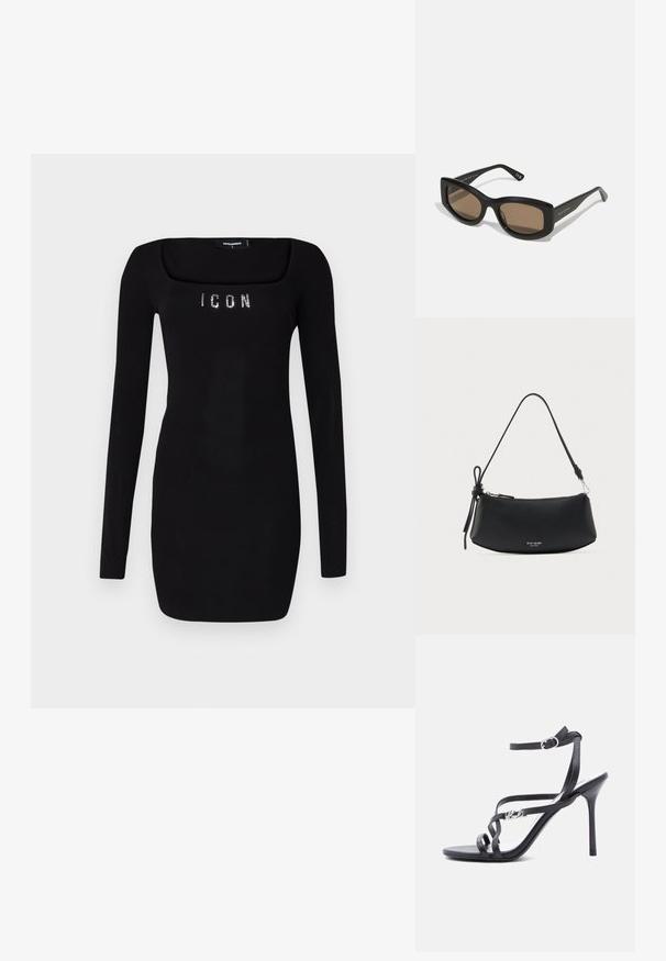 Vestido negro de manga larga con escote cuadrado, que presenta 'ICON' en piedras brillantes en el pecho, fabricado con un tejido liso y elástico.; Sandalia negra de tacón alto con tiras finas, hebilla en el tobillo y detalle de logo metálico en la tira lateral, sobre un fondo blanco.; Gafas de sol rectangulares negras con lentes marrones, con montura gruesa y patillas planas que presentan una marca en el lateral. Textura suave con un acabado brillante.; Bolso de mano de cuero negro con forma curva, acabado texturizado y una sola correa. Cuenta con cierre de cremallera y un logotipo en el frente.