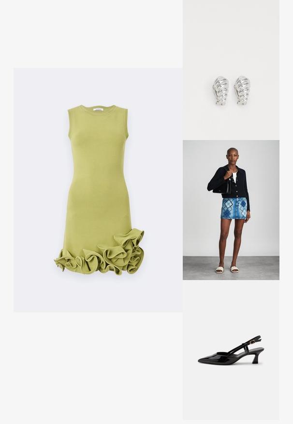 Robe cintrée sans manches vert clair avec encolure ronde et détails à volants sur l'ourlet.; Chaussure slingback en cuir verni noir à petit talon, bout pointu et bride réglable avec boucle dorée sur fond blanc.; Un cardigan en maille noir, un haut blanc, une jupe en denim avec un motif de diamants bleus et noirs, un sac à main noir et des sandales à enfiler beiges.; Boucles d'oreilles en clip argentées avec un design en spirale, présentant une texture métallique lisse et des formes arrondies. Pas d'embellissements ou de motifs visibles.