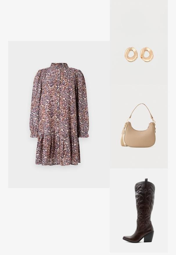 Vestido con estampado de leopardo, cuello tipo camisa, frente abotonado, mangas largas abullonadas y un dobladillo con volantes en capas. Confeccionado en una tela ligera de color rosa y azul marino.; Bota vaquera alta de cuero marrón oscuro con patrones decorativos cosidos, punta puntiaguda y tacón de bloque apilado.; Pequeña bolsa de hombro beige con parte superior curvada, correa larga desmontable y cierres de tono dorado sobre un fondo blanco liso.; Par de pendientes de aro de metal en tono dorado pulido, de forma irregular y con centro abierto, sobre un fondo blanco liso.