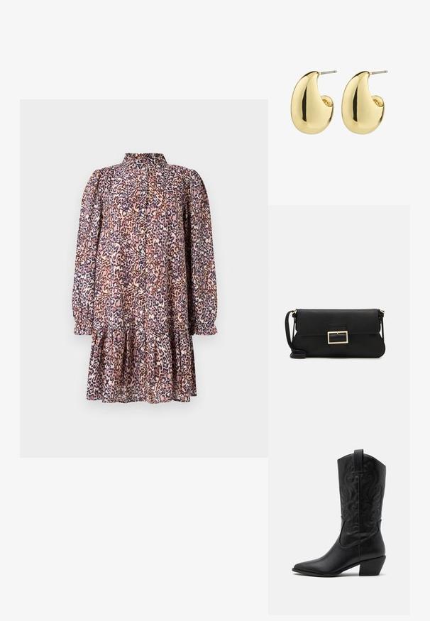 Vestido con estampado de leopardo, cuello tipo camisa, frente abotonado, mangas largas abullonadas y un dobladillo con volantes en capas. Confeccionado en una tela ligera de color rosa y azul marino.; Botas de vaquero de cuero negro con punta afilada, patrones en relieve en espiral y un tacón de altura media. Presentan una lengüeta para facilitar el uso.; Bolso de mano de cuero negro con una solapa y un detalle de hebilla de metal dorado. Incluye una correa negra y un diseño elegante y minimalista.; Pendientes de stud en tono dorado con una superficie suave y pulida, que presentan una forma abstracta en forma de lágrima. Hardware de metal simple para la sujeción.