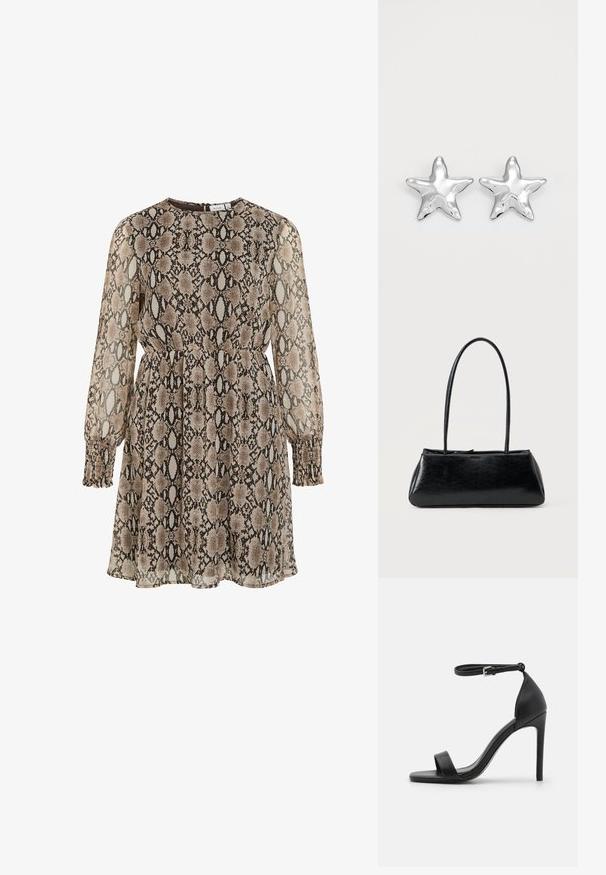 Vestido de estampado de serpiente en tonos marrón y crema, tejido transparente, mangas largas con puños fruncidos, cintura ajustada y escote redondeado con cierre en la parte posterior.; Sandalia de tacón alto negra con un diseño elegante, que cuenta con una correa en el tobillo, punta abierta y una textura de cuero suave.; Bolso de hombro rectangular negro con correas largas y delgadas y una textura lisa y brillante sobre un fondo liso.; Pendientes en forma de estrella plateada con una superficie pulida y brillante. Cada pendiente presenta cinco puntas y sutiles detalles de textura en la superficie.