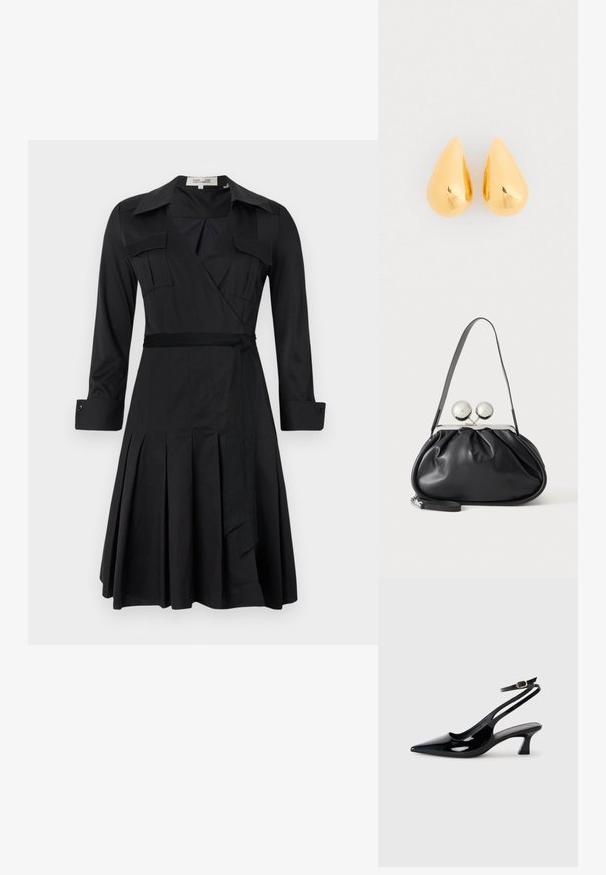 Robe noire à manches longues, avec col, deux poches poitrine et une ceinture à la taille. Comprend une jupe plissée pour ajouter de la texture et du mouvement.; Escarpins à brides arrière en cuir verni noir, à bout pointu, avec un petit talon carré et une sangle de cheville ajustable dotée d'une boucle dorée.; Sac à main en cuir noir avec un design plissé, une sangle unique, un cadre métallique argenté et deux grandes fermoirs ronds en argent.; Boucles d'oreilles en or en forme de goutte avec une surface lisse et polie et des fonds arrondis, reflétant la lumière avec une finition brillante.
