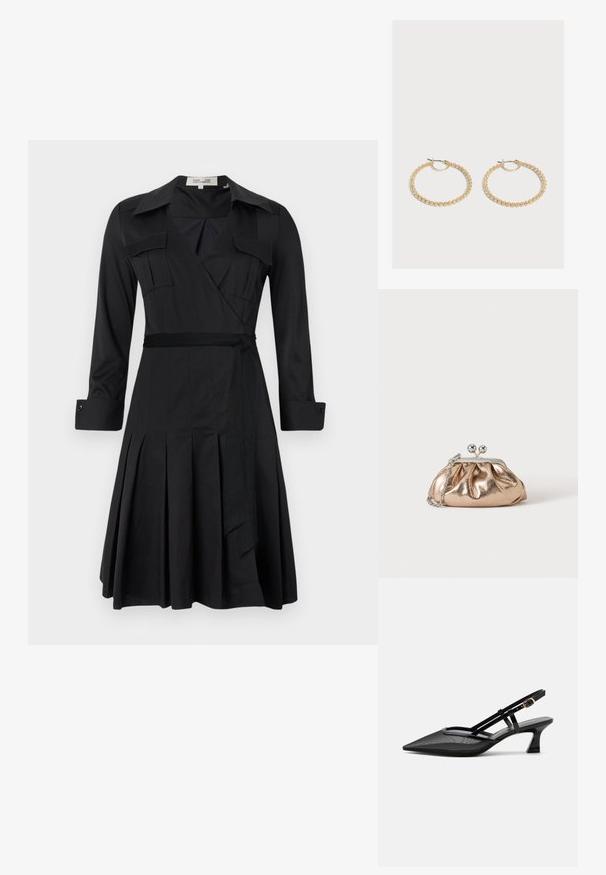 Robe noire à manches longues, avec col, deux poches poitrine et une ceinture à la taille. Comprend une jupe plissée pour ajouter de la texture et du mouvement.; Chaussure slingback noire à bout pointu avec tige en mesh, fines brides, boucle dorée et petit talon incurvé sur fond blanc.; Petit sac pochette métallique dorée avec fermoir argenté et chaîne sur un fond clair uni.; Paire de boucles d'oreilles créoles en or de taille moyenne avec un design texturé et perlé sur un fond clair uni.