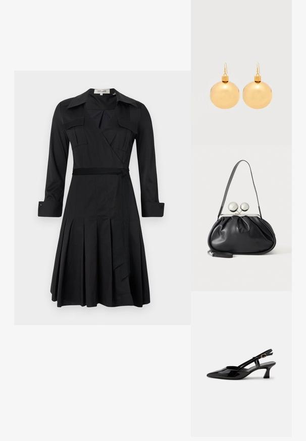 Zwarte wikkeljurk met lange mouwen, kraag, twee borstzakken en een tailleband. Heeft een geplisseerde rok voor extra textuur en beweging.; Zwarte lakleren slingback kitten heel schoen met spitse neus en verstelbare gouden gespsluiting op een witte achtergrond.; Zwarte leren handtas met een geplooid ontwerp, een enkele schouderband, zilverkleurige metalen omlijsting en twee grote ronde zilveren sluitingen.; Een paar glanzende gouden kerstbal-oorbellen met haaksluitingen op een effen witte achtergrond.