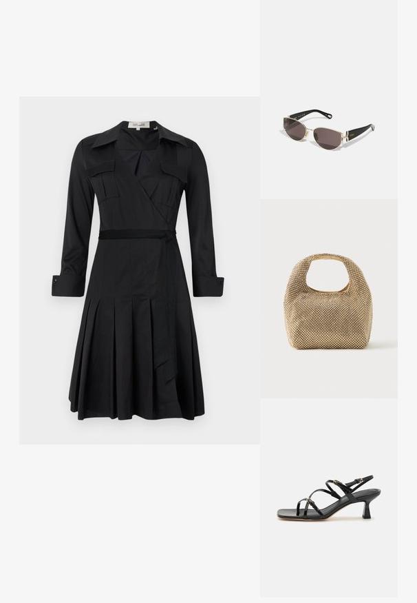 Robe noire à manches longues, avec col, deux poches poitrine et une ceinture à la taille. Comprend une jupe plissée pour ajouter de la texture et du mouvement.; Sandales à strapes en cuir verni noir avec un bout carré et un petit talon carré. Présente des accessoires en métal doré et des brides de cheville réglables.; Lunettes de soleil noires et dorées avec une monture étroite et ovale, verres sombres et matériel décoratif au niveau des branches. Design léger et élégant.; Petit sac à main doré recouvert de clous ronds brillants avec une poignée courte et une découpe rectangulaire en haut.