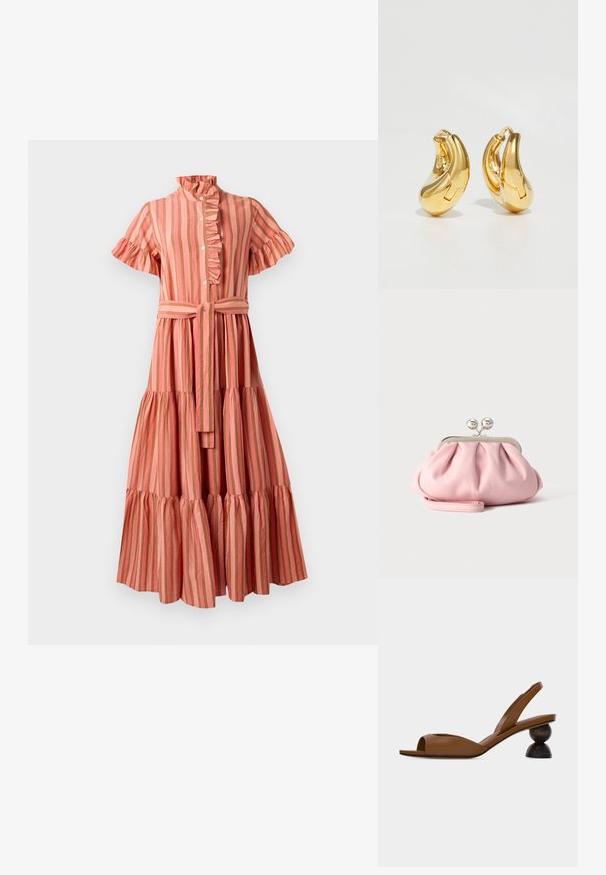 Vestido midi a rayas en rosa y beige, con un cuello rizado, mangas cortas, cierre de botones en la parte delantera y cintura ceñida con un falda de volantes.; Sandalia marrón con punta abierta y tiras traseras, con un distintivo tacón redondo de madera de dos piezas, sobre un fondo claro sencillo.; Pequeño bolso de mano rosa suave con marco metálico plateado y cierre redondo, reposando sobre una superficie plana y clara con la correa de muñeca doblada al frente.; Pendientes de aro de oro con forma curva y suave, y acabado pulido. Presentan un mecanismo de cierre y ligeras indentaciones para un toque de detalle.