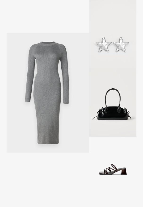 Vestido de punto gris de canalé con mangas largas, silueta ajustada, cuello redondo y corte a la altura de la rodilla. Textura suave con un patrón vertical.; Sandal de tacón abierto en piel sintética burdeos oscuro, con tres tiras delgadas y un tacón cuadrado. Superficie suave, diseño minimalista.; Pequeño bolso negro brillante con dos asas largas y detalles de cordón lateral sobre un fondo claro liso.; Pendientes en forma de estrella plateada con una superficie pulida y brillante. Cada pendiente presenta cinco puntas y sutiles detalles de textura en la superficie.