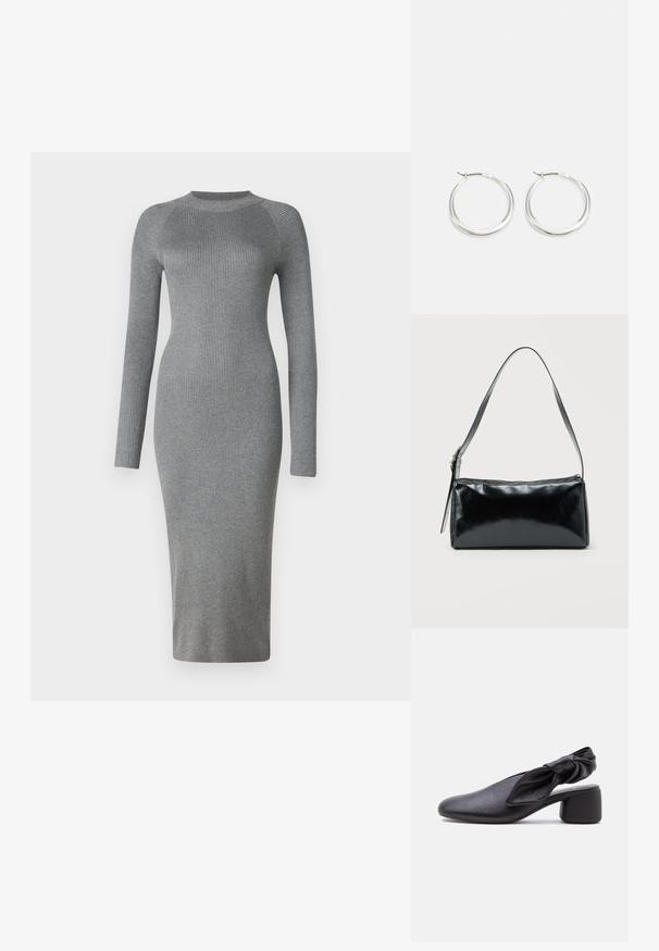 Grijze geribde gebreide jurk met lange mouwen, aansluitende silhouet, ronde halslijn en knie-lange snit. Soepele textuur met een verticale patroon.; Zwarte leren slingback met een afgeronde neus, een geknoopt banddetail en een lage blokhak op een witte achtergrond.; Zwarte rechthoekige schoudertas met een enkele verstelbare band en een bovenste ritssluiting op een effen achtergrond.; Zilveren hoop oorbellen hebben een glad, rond ontwerp met een dun profiel en een veilige sluiting. Minimalistische stijl met een gepolijste afwerking.