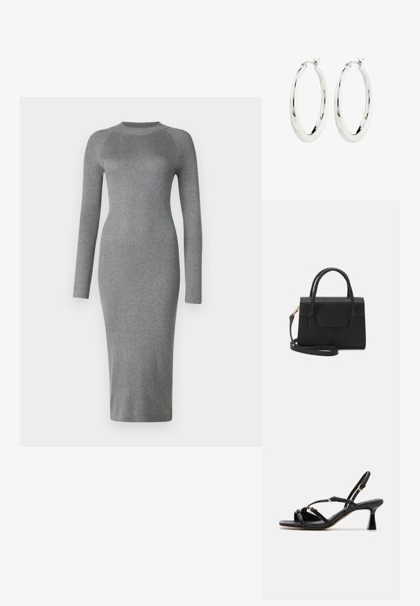 Vestido de punto gris de canalé con mangas largas, silueta ajustada, cuello redondo y corte a la altura de la rodilla. Textura suave con un patrón vertical.; Call it Spring DIANAH - Sandalias - black; Bolso estructurado negro de cuero con un asa superior, correa de hombro desmontable y un detalle de tapa en la parte frontal. Acentos en dorado.; Pendientes de aro de plata con un acabado suave y brillante. Forma circular, con un cierre seguro. Diseño sencillo y elegante.