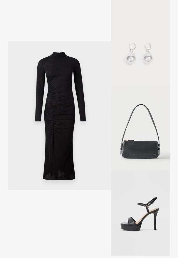 Robe noire à manches longues avec un col montant, des détails plissés sur le côté, et une silhouette droite, fabriquée dans un tissu lisse et extensible.; Sandales à plateforme noires avec un talon haut stilettos, dotées d'une tige en cuir lisse, d'un bout ouvert et d'une bride de cheville ajustable avec ferrures.; Sac à bandoulière rectangulaire en cuir noir avec fermeture éclair dorée et petit logo "HUGO" doré sur le devant, doté d'une sangle réglable avec boucle.; Boucles d'oreilles en argent en forme de goutte avec des surfaces lisses, rondes et réfléchissantes, suspendues à des fermoirs à ressort. L'arrière-plan est blanc uni.