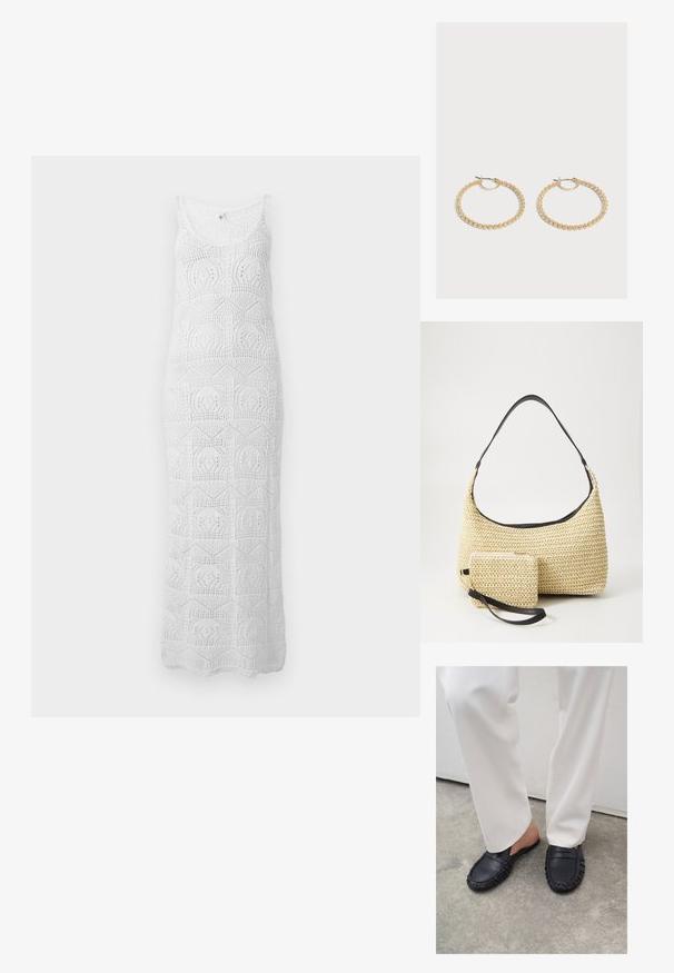 Witte mouwloze gehaakte maxi-jurk met ronde halslijn en geometrische kanten patronen over de hele jurk.; Persoon draagt witte broek en zwarte leren instappers en staat op een betonnen vloer.; Geweven strohandtas met een gebogen silhouet, voorzien van een soepele zwarte leren schouderband en een bijpassend klein zakje dat is bevestigd met een polsband.; Een paar middelgrote gouden oorringen met een getextureerd, kralenontwerp op een effen lichte achtergrond.