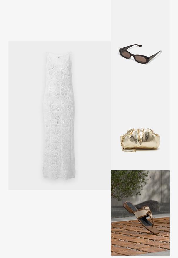 Robe maxi blanche sans manches en crochet avec encolure dégagée et motifs géométriques en dentelle sur toute la surface.; Sandale tongs marron et beige avec semelle coussinée flottant au-dessus d’un sol en carrelage en bois avec végétation et mur en béton en arrière-plan.; Lunettes de soleil en écaille de tortue avec des verres ovales, en verre teinté brun, et une marque "vogue" en métal sur les branches. Montures en plastique lisses.; Pochette métallique dorée avec une texture froissée, de forme arrondie et douce, et une chaîne amovible. Présente un design froncé en haut.