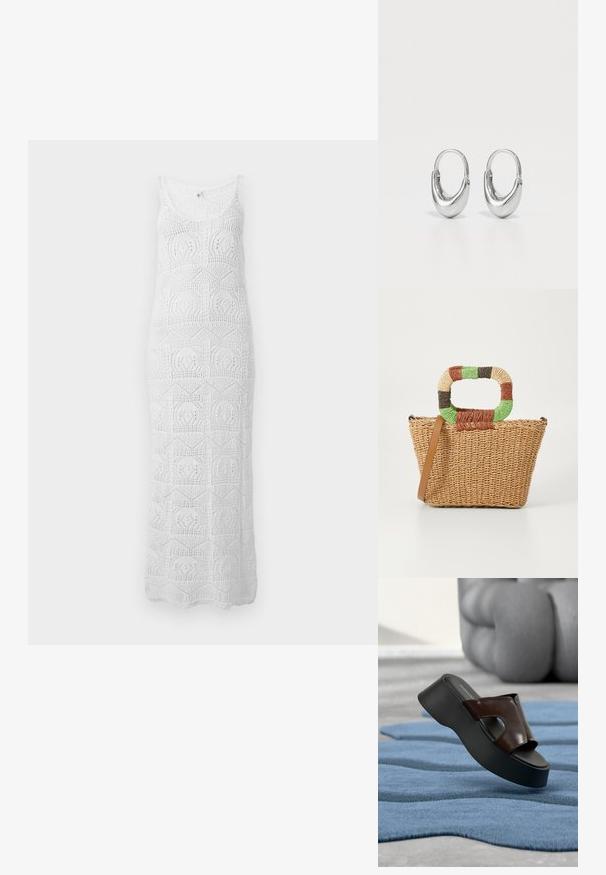 Vestido maxi blanco de crochet sin mangas con escote redondo y patrones geométricos de encaje por todo el vestido.; Sandalia plana negra con parte superior de cuero marrón oscuro y detalle recortado, sobre una alfombra azul texturizada y una silla escultórica al fondo.; Bolso de paja trenzada con forma triangular, que cuenta con un asa redonda multicolor y una correa de hombro marrón.; Pendientes de aro de plata con forma curva de lágrima y acabado pulido. Presentan un cierre seguro y una textura suave.