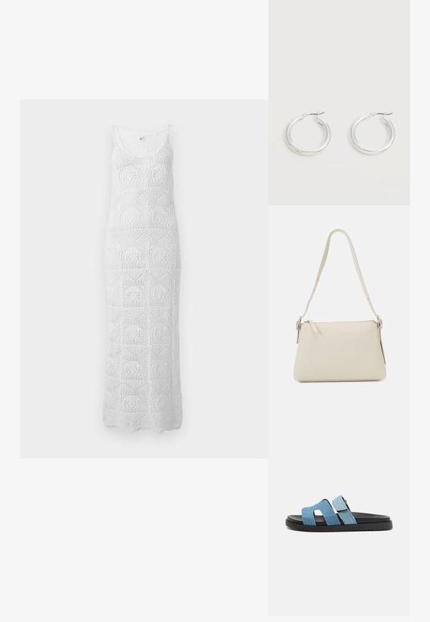 Witte mouwloze gehaakte maxi-jurk met ronde halslijn en geometrische kanten patronen over de hele jurk.; Steve Madden MISSILEE - Muiltjes - blue denim; Beige schoudertas van glad leer met een ritsluiting. Kenmerkt zich door een eenvoudig ontwerp, een slanke schouderband en metalen hardwareaccenten.; Een paar middelgrote glanzende zilveren oorringen met dunne metalen sluitingen op een lichte neutrale achtergrond.